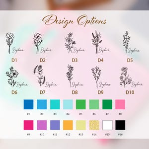 K&ouml;nnte beinhalten: Eine &Uuml;bersicht mit dem Titel Design Options zeigt zehn schwarze florale Strichzeichnungen, beschriftet von D1 bis D10, jeweils kombiniert mit dem Namen Sophia in Schreibschrift. Darunter befinden sich sechzehn nummerierte Farbfelder, darunter Blau, Gr&uuml;n, Pink, Lila, Gelb, Gold, Wei&szlig; und Schwarz.