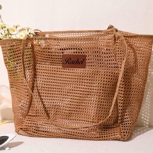 Personalized Beach Tote Bag, Beach Bag for Girls Trip, Bridesmaid Bags, Leather Patch Tote Bag, Summer Hobo Bag, Bachelorette Party Favor