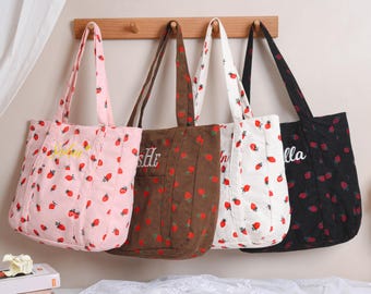 Custom Strawberry Shoulder Bag, Embroidered Tote Bag, Bridesmaid Gifts Bag, Beach Tote Bag, Zippered Corduroy Tote, Bachelorette Gifts