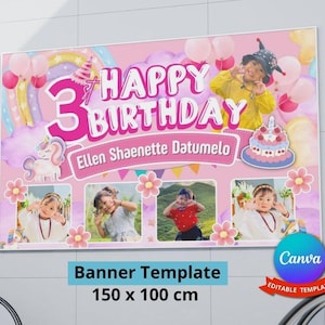 Magical Unicorn Birthday Party Banner| Pink Unicorn Birthday Banner Template| Editable Canva| Kids Birthday Photo Banner| Instant Download