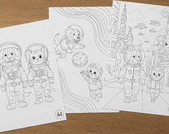 May include: Three black and white line art drawings of animals in astronaut suits. The drawings feature a dog and a cat in space, with planets and futuristic cityscapes. The paper size is A4.