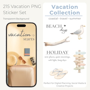 Könnte beinhalten: Ein digitales Sticker-Set mit Urlaubs-Motiven. Das Bild enthält ein Telefon mit Urlaubsgrafiken, eine Möwe, Treibholz, einen Wegweiser und Flip-Flops. Der Text enthält "Vacation Collection" und "Vacation starts."
