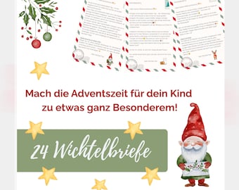 May include: A promotional image for Advent letters. The image features three letters with red and green accents, a gnome illustration, and text in German. The letters are decorated with festive elements like a Christmas tree and a reindeer.