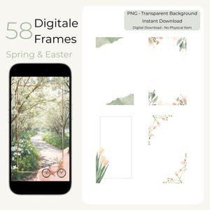 Könnte beinhalten: Digitale Rahmen für Frühling und Ostern. Das Bild zeigt ein Smartphone mit einem goldenen Rahmen um einen Weg mit einem Fahrrad. Das Bild zeigt auch digitale Rahmen mit floralen und Aquarelldesigns. Der Text auf dem Bild lautet "58 Digitale Frames Spring & Easter".
