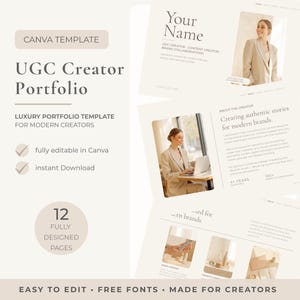 Könnte beinhalten: Eine digitale UGC Creator Portfolio-Vorlage mit neutralem Farbschema. Die Vorlage enthält Seiten für moderne Kreative, ist vollständig in Canva bearbeitbar und bietet einen sofortigen Download. Das Design zeigt den Text "UGC Creator Portfolio" und "Luxury Portfolio Template for Modern Creators".