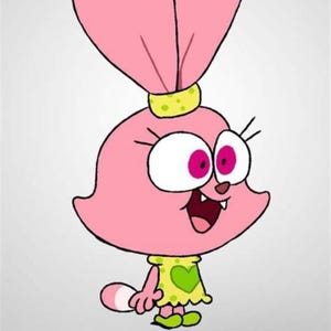 May include: A cartoon character with pink fur, large eyes with pink pupils, and a wide, open mouth. The character wears a yellow dress with a green heart and a yellow headband. The character has a pink tail and is set against a white background.