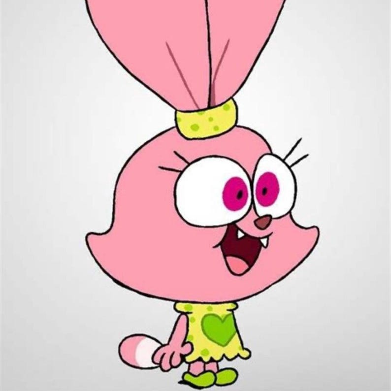 May include: A cartoon character with pink fur, large eyes with pink pupils, and a wide, open mouth. The character wears a yellow dress with a green heart and a yellow headband. The character has a pink tail and is set against a white background.