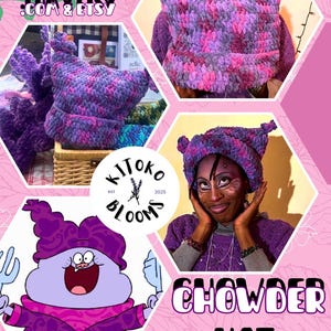 May include: A promotional image featuring a handmade crochet hat in shades of purple, pink, and gray. The hat has pointed ear-like details. The image also includes a cartoon character and the text "Chowder Hat."