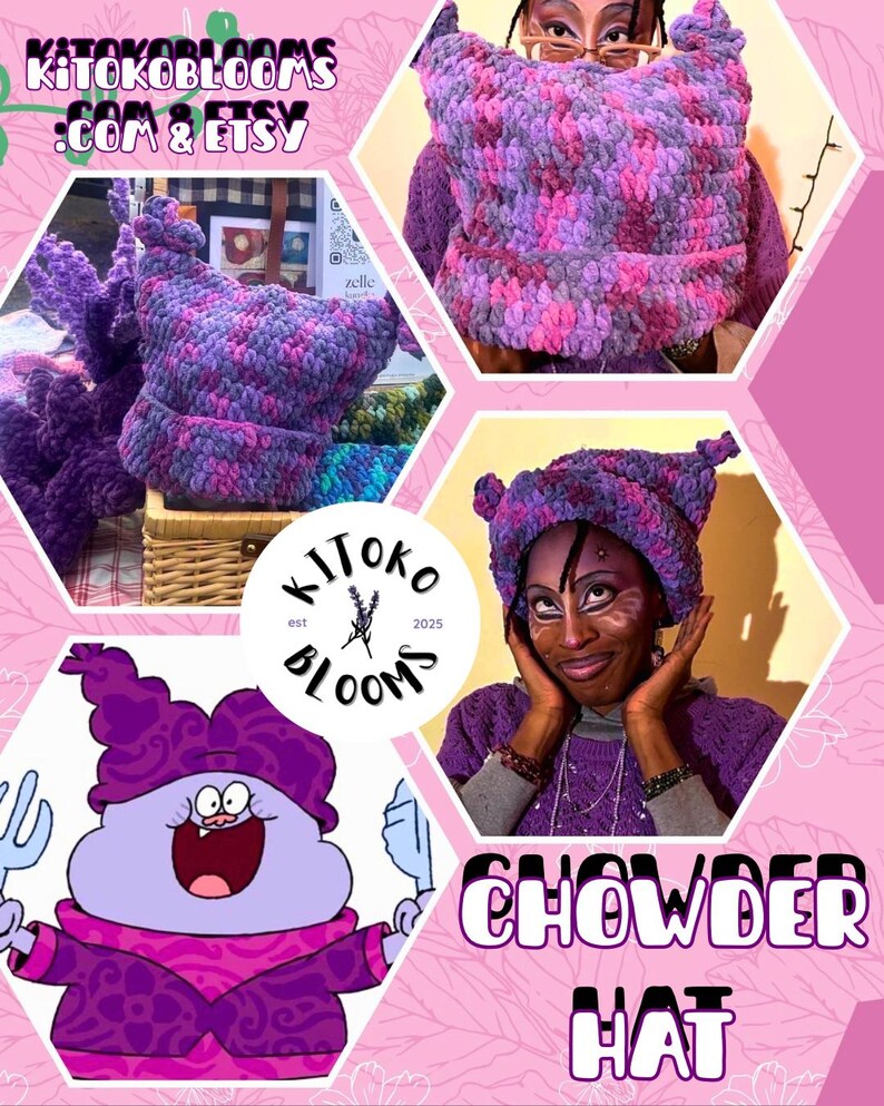 May include: A promotional image featuring a handmade crochet hat in shades of purple, pink, and gray. The hat has pointed ear-like details. The image also includes a cartoon character and the text "Chowder Hat."