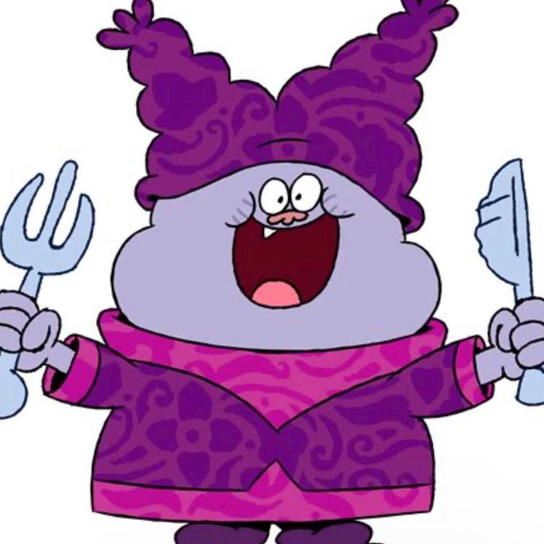 May include: Cartoon character Chowder, in a purple outfit, holding a fork and knife. Chowder has a large, round body, a wide open mouth, and large, expressive eyes. The character's outfit includes a patterned jacket and a tall, textured hat.