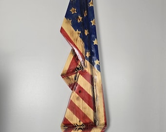Handmade Draped Wooden American Flag – Rustic Patriotic Wall Hanging, Farmhouse Wall Décor, Veteran & Military Gift