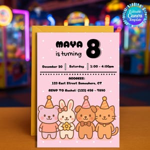 Kawaii Animal Birthday Invitation: Editable Pink Party Invite (Canva Template, Digital Download)