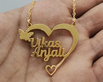 Personligt namnhalsband, guldfärgat hjärtramhänge med lådkedja