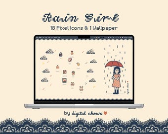 Paquete de iconos y fondos de pantalla de píxeles de Rain Girl: iconos kawaii para Mac, estética de escritorio de chica suave y acogedora, iconos de carpetas de Windows