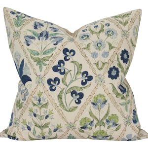 Susani Trellis Blue and Green Luxury Throw Pillow - Floral Designer Pillow - Custom High End Pillow Cover