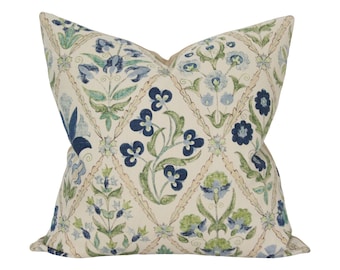 Susani Trellis Blue and Green Luxury Throw Pillow - Floral Designer Pillow - Custom High End Pillow Cover