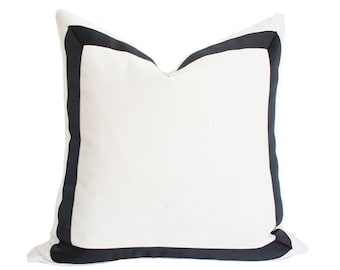 Solid White With Grosgrain Ribbon Border Luxury Throw Pillow - Navy or Black Trim Designer Pillow - Custom High End Pillow Cover
