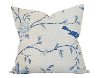 Blue & Taupe Chinoiserie Luxury Throw Pillow - Floral Designer Pillow - Custom High End Pillow Cover