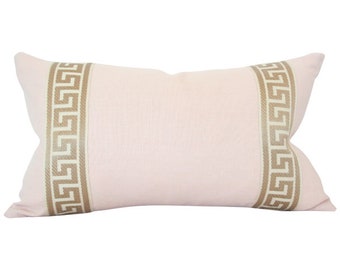 Pale Pink Blush Linen with Greek Key Trim Designer Lumbar Pillow Cover