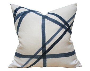 Channels Blue Luxury Throw Pillow - Kelly Wearstler Lee Jofa Abstract Geometric Brush Strokes Designer Pillow - Custom High End Pillow Cover