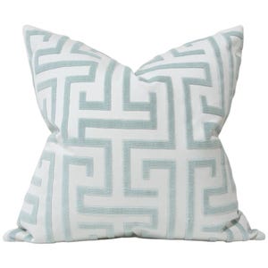 Greek Key Cut Velvet Muted Aqua (Last Chance) - Luxury Designer Pillow Cover