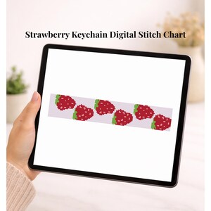 Mönster för jordgubbsnyckelring med nålpunkt/korsstygn - digitalt stygndiagram med nyckelbricka!