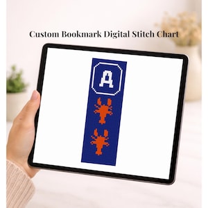 Benutzerdefinierte Nadelspitze / Kreuzstich-Hummer-Lesezeichen-Muster - personalisierte digitale Stichvorlage mit Ihrer Initiale!