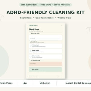 Op de afbeelding: Een digitaal schoonmaakset-document getiteld ADHD-FRIENDLY CLEANING KIT. De pagina bevat een Start Here-sectie met genummerde stappen zoals Pick up Trash, Gather Dishes en Gather Laundry, voorzien van selectievakjes en notitieruimte.