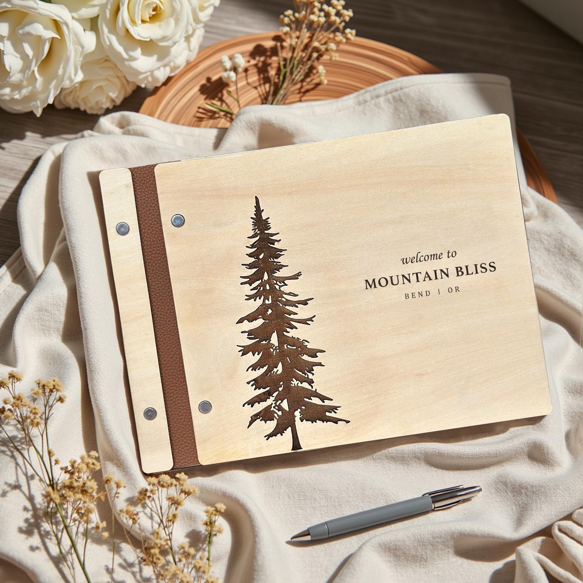 Wooden Guest Book, Pine Tree Guestbook, Custom Cabin Lodge Welcome Book for Airbnb
