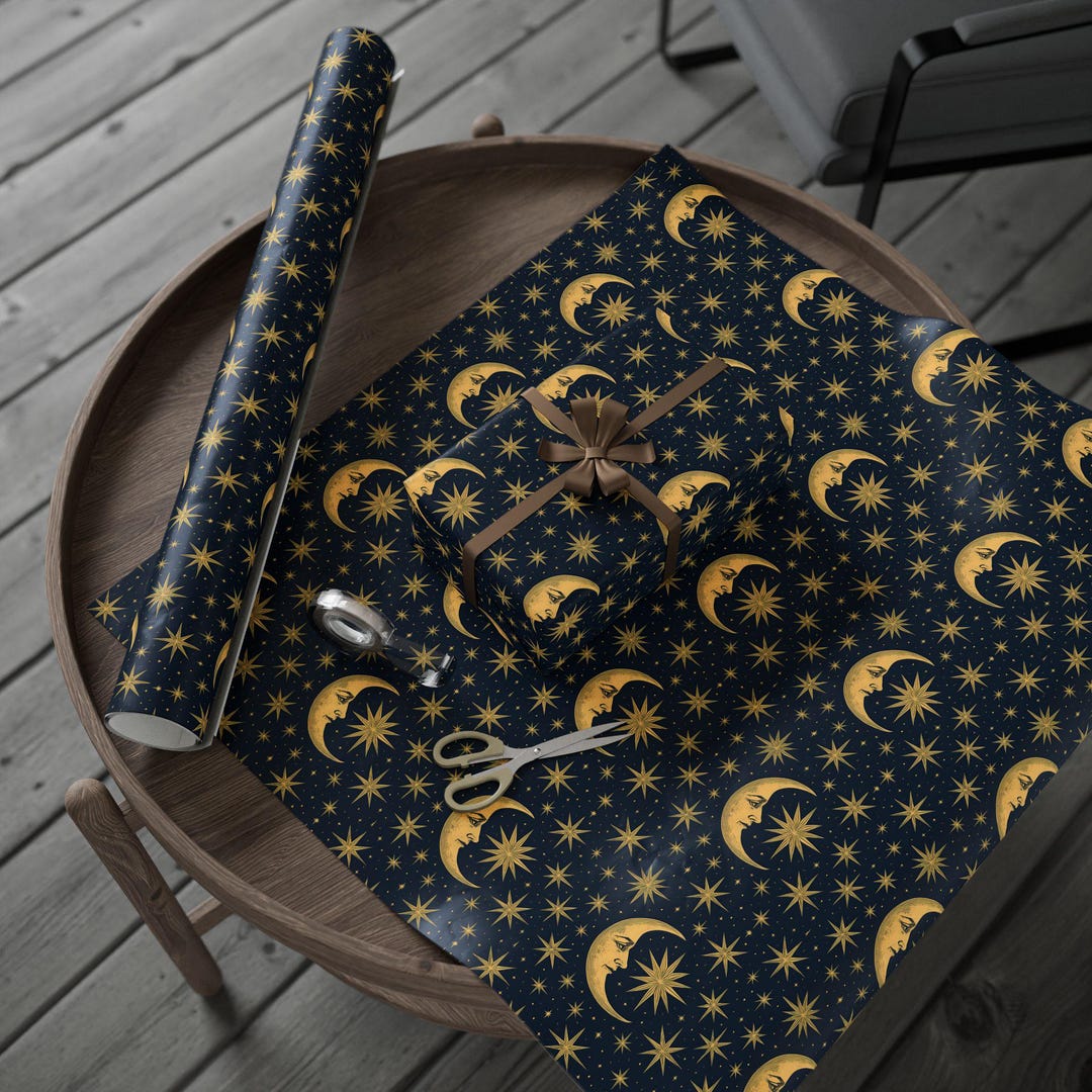 Gold Crescent Moon and Stars Wrapping Paper | Celestial Holiday Wrap ...