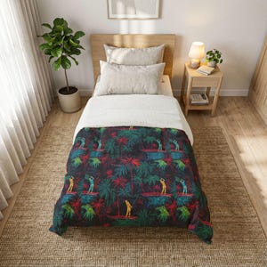 May include: A single bed duvet cover with a tropical design. The pattern features golfers and palm trees in green, red, and blue on a black background. The duvet cover is on a bed with a white top sheet and neutral pillows.
