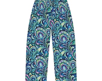 Teal Peacock Feather Swirl Pajama Pants | All-Over Print, Birthday Gift, Holiday Gift