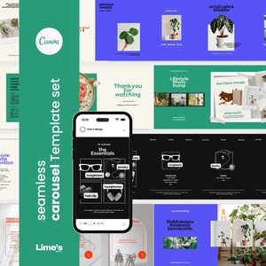 May include: A digital design template set with a green and white color scheme. The set includes various layouts for social media, with text such as "Canva" and "Minimal Beauty". A smartphone displays a design with sunglasses and headphones.