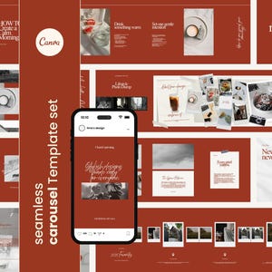 May include: A seamless carousel template set with a warm, reddish-brown background. The Canva logo is visible. The set includes various design elements, including text and images, with the words "HOW TO Create a Calm Morning" and "recipe" visible.