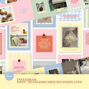 May include: A collection of Instagram post templates in pastel colors. The templates feature various designs, including images of food, plants, and inspirational quotes. The Canva logo and text "INSTAGRAM POST / SEAMLESSCAROUSELTEMPLATES" are visible.