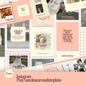 Op de afbeelding: Een verzameling Instagram post templates in verschillende ontwerpen. De templates hebben een zacht kleurenpalet met tekstoverlays, waaronder zinnen als "Today's Post" en "Stylish designs made easy for everyone". Het Canva logo is zichtbaar.