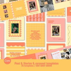May include: A collection of digital social media templates featuring a warm color palette of yellow, peach, and coral. The designs include various layouts with scalloped borders, grid patterns, and typography, specifically formatted for posts and stories.