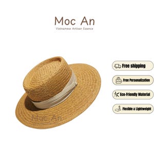Personalized Straw Boater Hat – Custom Name Engraving, Handwoven Sun Hat with Ribbon