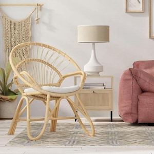 Handcrafted Wooden Accent Chair with Cushion | Natural Rattan Style Armchair | Rustic Boho Furniture | Free Shipping