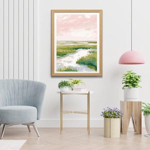 Pastel Marsh Sunset Landscape Painting | Carolina Lowcountry Coastal Watercolor Wall Art Print | Pink Beach House Printable Digital Download