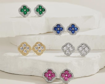 Four-Leaf Clover Earrings 925 Sterling Silver, 5A Cubic Zirconia Statement Studs, Lucky Clover Fashion Jewelry for Women, Spring Earrings