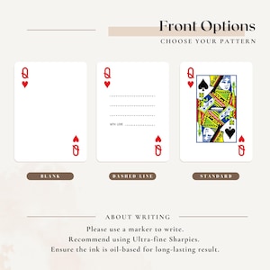 Puede incluir: Se muestran tres dise&ntilde;os de cartas de juego: "Blank", "Dashed Line" y "Standard". La carta "Blank" es lisa, la carta "Dashed Line" tiene l&iacute;neas y las palabras "With Love", y la carta "Standard" muestra una Reina de Corazones. El texto en la parte superior dice "Front Options, Choose Your Pattern".