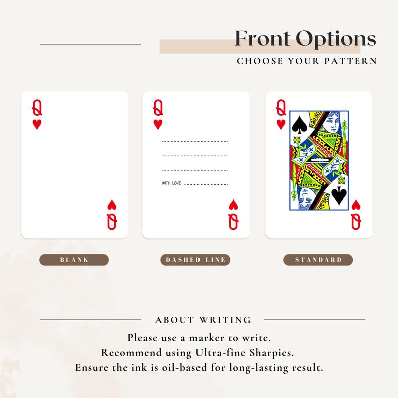 Puede incluir: Se muestran tres dise&ntilde;os de cartas de juego: "Blank", "Dashed Line" y "Standard". La carta "Blank" es lisa, la carta "Dashed Line" tiene l&iacute;neas y las palabras "With Love", y la carta "Standard" muestra una Reina de Corazones. El texto en la parte superior dice "Front Options, Choose Your Pattern".