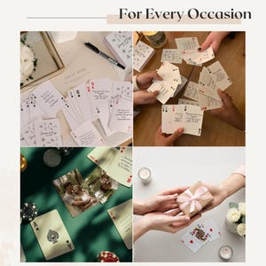May include: A collage of images featuring playing cards, a guest book, and a wrapped gift. Some cards have handwritten messages. The text "For Every Occasion" is at the top. The cards are used for a variety of purposes, including a wedding.