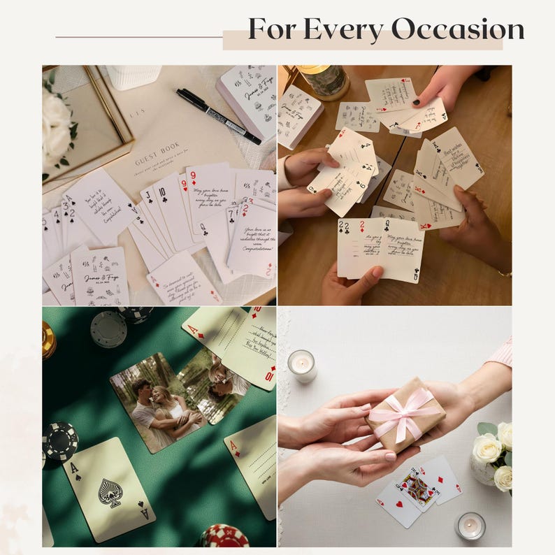 May include: A collage of images featuring playing cards, a guest book, and a wrapped gift. Some cards have handwritten messages. The text "For Every Occasion" is at the top. The cards are used for a variety of purposes, including a wedding.