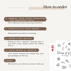May include: A graphic with instructions on how to order a product. The steps include choosing a design, personalizing the order, production time, and shipping information. The image also shows a deck of cards with wedding-themed illustrations.