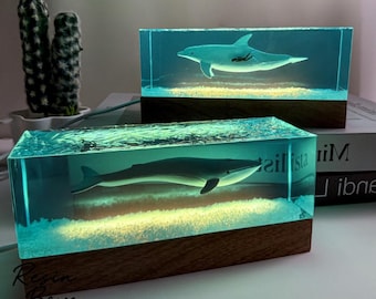 Ocean Resin Lamp Whale Shark Decor | LED Underwater Night Light | Handmade Epoxy Sea Aquarium Block | Unique Marine Gift for Ocean Lovers