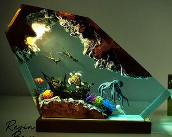 Ocean Resin Lamp with Octopus & Divers | Underwater Scene Night Light | Handmade 3D Ocean Art Gift | LED Resin Aquarium Lamp Decor