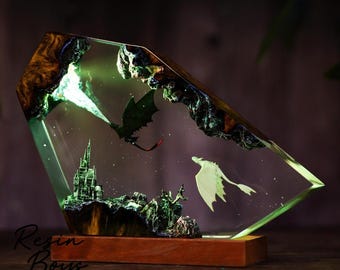 Handmade Dragon Resin Lamp – Toothless & Light Fury Night Light – Fantasy Epoxy Sculpture with Castle Scene – Anime Inspired LED Decor