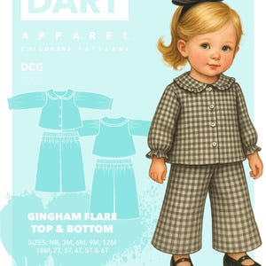 Może przedstawiać: Ilustracja zestawu topu i spodni w kratę dla dzieci. Zestaw ma czarno-biały wzór w kratę. Obraz zawiera tekst "DART APPAREL CHILDREN'S PATTERNS" i "GINGHAM FLARE TOP & BOTTOM".